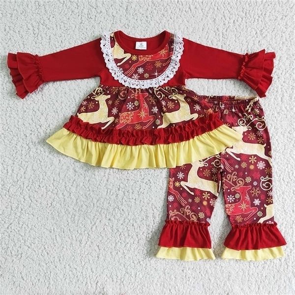 Ocasiones especiales Venta al por mayor Bebé niña Ropa de reno de Navidad Rojo Manga larga con volantes Encaje Top Ciervo Pantalones Conjunto Infantil Niño Copo de nieve Ropa 220830