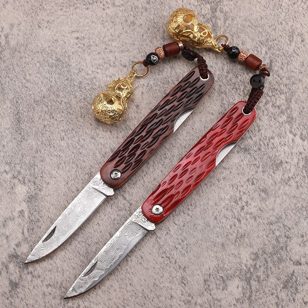 Oferta especial A2243 Cuchillo plegable Damasco Hoja de acero de Damasco Hueso de vaca con mango de hoja de acero Navajas EDC para exteriores con bolsa de nailon