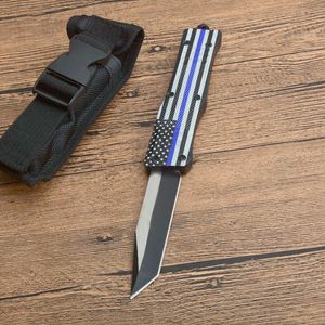 Vente Flash Couteau tactique automatique A161 avec manche drapeau bleu, lame à pointe Tanto bicolore 440C, manche en alliage zn-al, couteaux EDC avec sac en Nylon