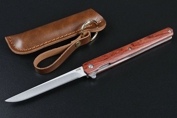 Oferta especial Cuchillo plegable Flipper barato 440C Tanto / Punto de caída Hoja de satén Mango de palisandro Cojinete de bolas con funda de cuero