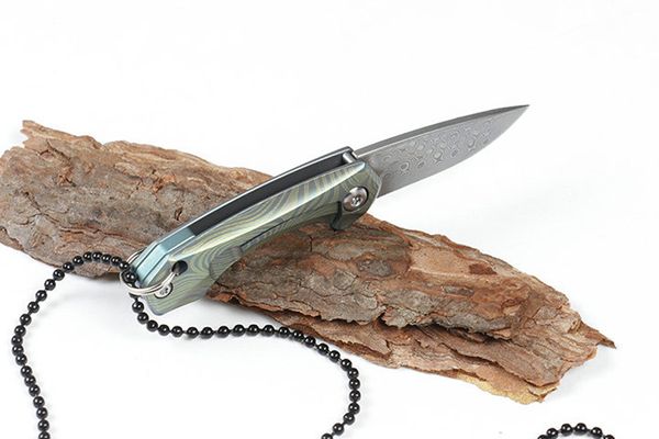 Oferta especial Alta calidad VG10 Damasco Acero Mini Pequeño Cuchillo plegable EDC Collar Cadena Cuchillos Verde TC4 Mango de aleación de titanio