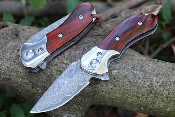 Remise Chaude Couteau pliant Flipper M7695 VG10, lame en acier damas, finition CNC en bois de rose avec manche en tôle d'acier, roulement à billes, couteaux de poche EDC à ouverture rapide