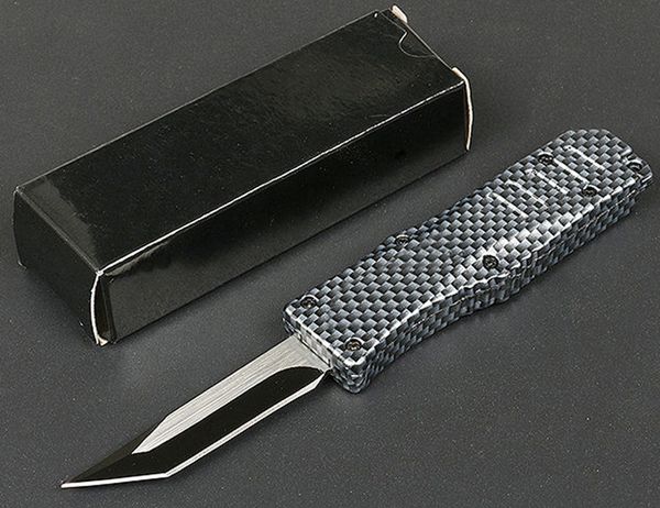 Vente Flash Petit couteau tactique automatique 440C, lame à pointe Tanto bicolore, manche en Fiber de carbone, alliage de Zinc et d'aluminium, couteaux de poche EDC