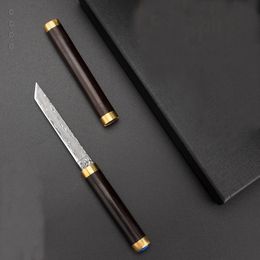 Speciale aanbieding Klein Damascus vast mes Tanto Point Blade Wood met messing hoofdhandvat Outdoor Camping Wandelen EDC Pocket Straight Messen Beste cadeau