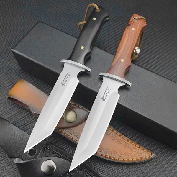 Oferta especial Survival Straight Knife 7Cr13Mov Satin Tanto Point Blade Full Tang Mango de madera Cuchillos de caza de hoja fija para exteriores con funda de cuero