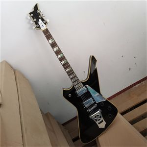 Speciale vorm zwarte lichaam elektrische gitaar met handtekening, kleurrijke parel inlay, chromen hardware, kan worden aangepast