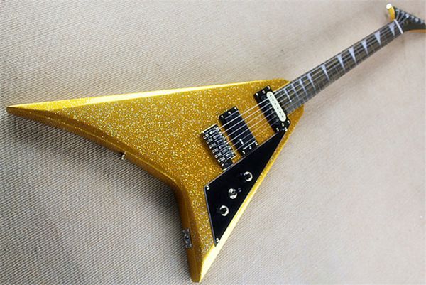 La guitarra eléctrica de doble vibración en forma de V con forma especial de cola de golondrina, partículas grandes de polvo dorado, se puede personalizar y modificar según re