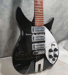 Speciale staartstuk 527 mm op korte schaal lengte John Lennon 325 Jetglo 6 string zwarte elektrische gitaar glans lakbedrijf 3 broodrooster pickups 5 graden kop