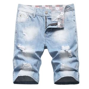 Pantalon sans balle en coton bleu taille moyenne, tendance, frotté et porté à la main pour jeunes, fermeture éclair, ouvert sur le devant