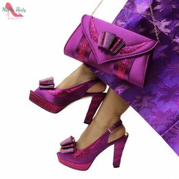 Ensemble de chaussures et de sacs pour femmes nigérianes, couleur Magenta, sandales à bride arrière de haute qualité avec applications pour mariage, spéciaux, 240103