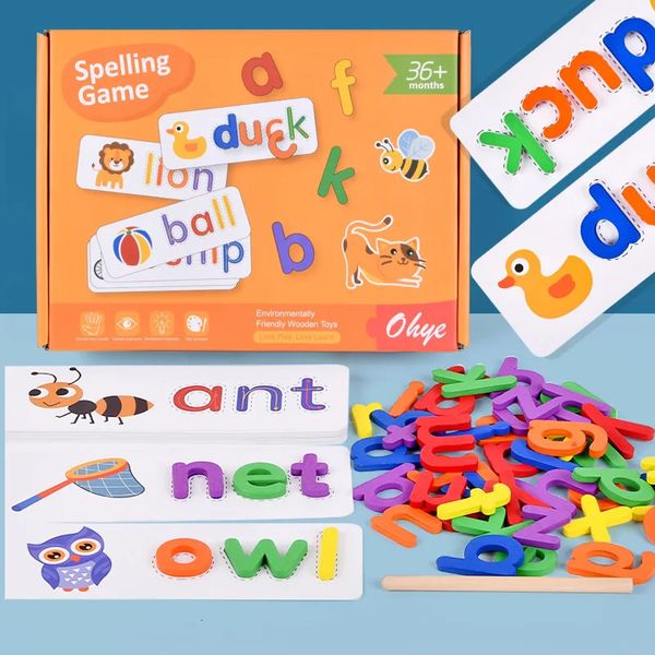 Spelling Word Puzzle Game Wooden 26 lettre Cartes d'alphabet anglaises maternelle Aides d'enseignement Kids Montessori Education Toy 240510