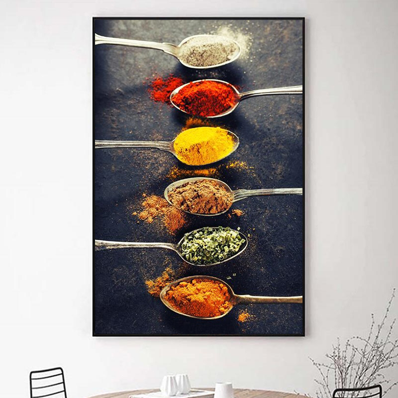 Kryddor i skedar för matlagning av duk konst affischer och tryck kök tema duk målningar på väggkonst bilder köksdekor