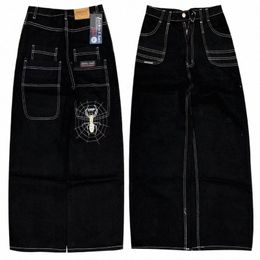 Spider Carto Modèle Brodé Jeans Femmes 2023 Été Nouveau Black Street Casual Jeans Hip Hop Femmes Taille Haute Pantalon Large B4of #