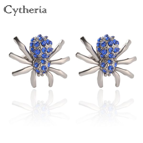 Gemelos de araña para hombre y mujer, conjunto de gemelos de araña con tachuelas azules, botón de puño de araña de cristal limpio blanco, brazalete de boda de insectos