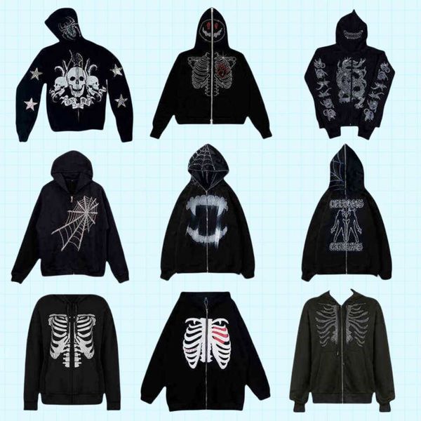 Spider Hoodies 555555 Sweat-shirts pour hommes Strass Web Skeleton Print Noir Goth Manches longues Zippé Veste surdimensionnée Mode américaine Vente chaude