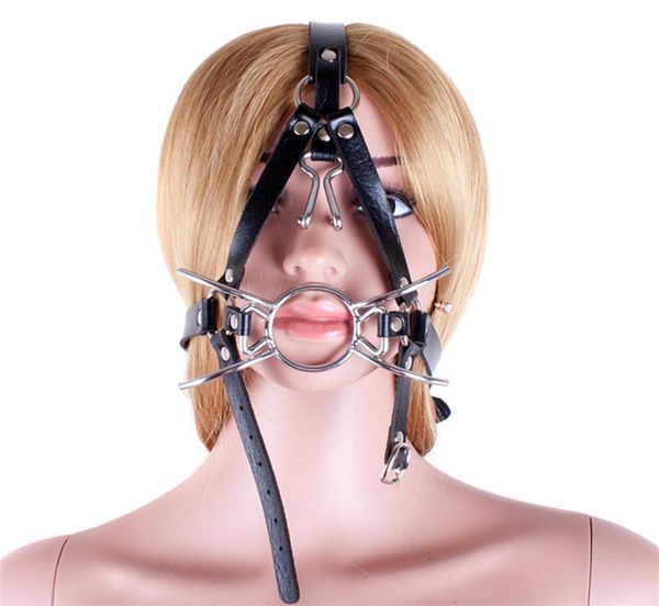 Anneau métallique en forme d'araignée, Gag de retenue de Bondage avec crochet de nez, bouche fétichiste d'esclave, outils SM, harnais de tête complet noir 5647918