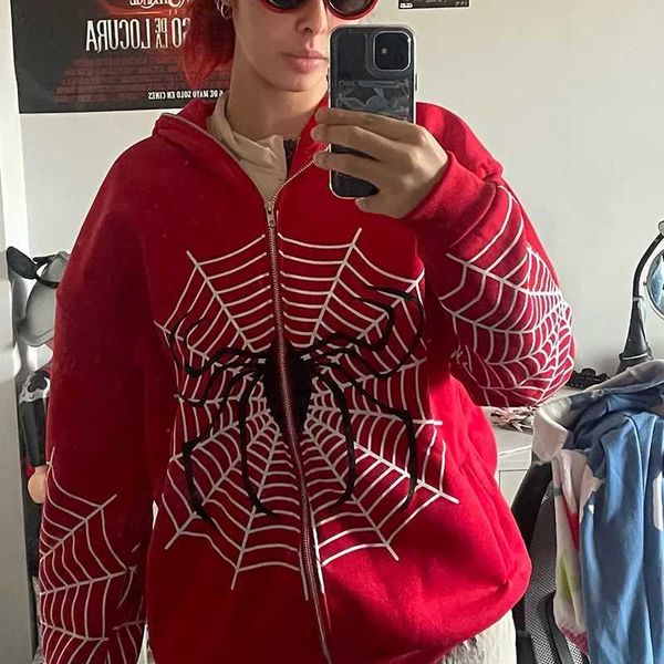 Spider Web Red Graphic Mujeres Sudaderas Vintage Grunge Y2k Zip Up Sudadera con capucha Pareja suelta Chaqueta con capucha Tops de manga larga 230915