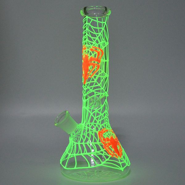 Spider Web Water Glass Bong Glow in the Dark Oil Dab Rigs 18mm Femelle Joint Diffus Downtem Perc Conduites D'eau