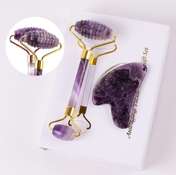 Herramienta de la cara de la amatista y la herramienta Gua Sha en la caja Gemstone Natural Healing Stone Facial Massorger Gua Sha Massage Health Care Herramienta