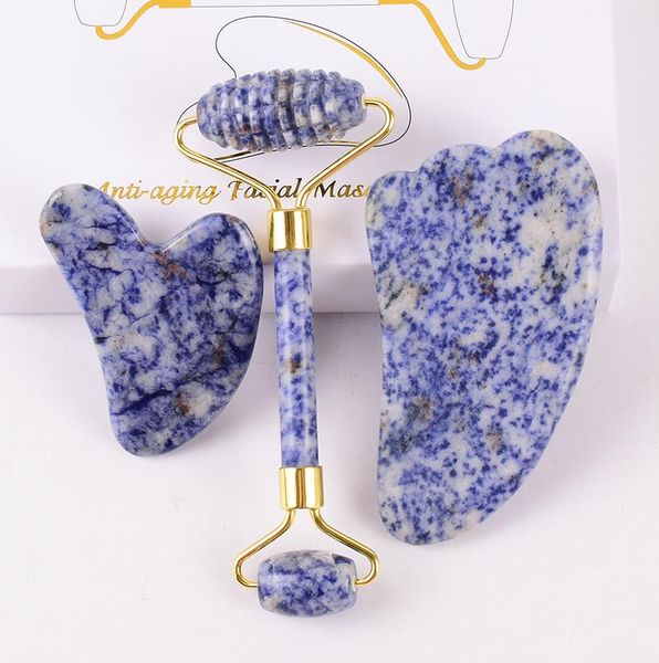 Rouleau de Jade à pointes Gua Sha ensemble Sodalite naturelle rouleau pour le visage Massage Gua Sha visage cou yeux Anti-rides ensemble de soins de santé