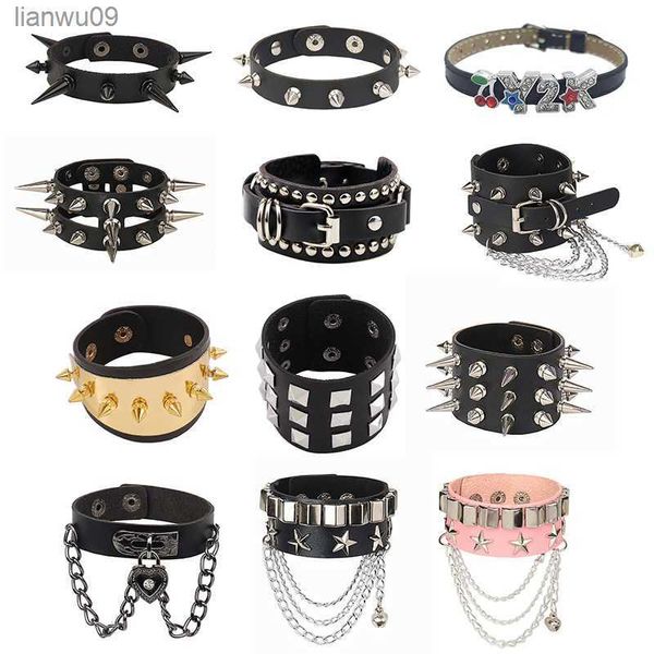 Pulsera tachonada con pinchos Remaches de cuero negro Pulsera punk Brazalete Brazalete Botón a presión Pulsera de metal para hombres Mujeres L230704