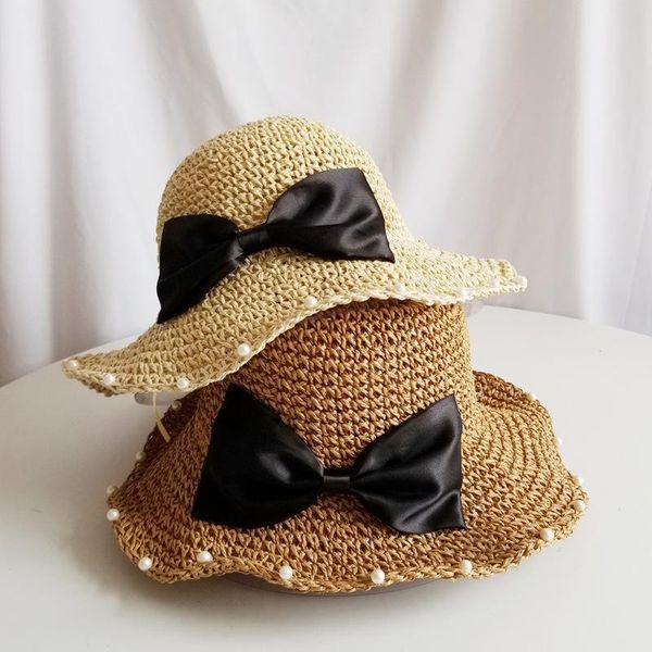 Chapeaux Sping pour femmes Pearl Bow Hat Crochet Chapeau de paille Vacances Loisirs Plage Large-bord Pliable Sun