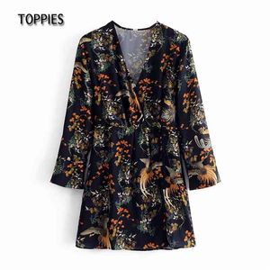 Sping Lange Mouw Mini Jurk Vrouwen Bloemen Vogels Afdrukken Vrouwelijke V-hals Blouses Folk Style Vakantie Kleding 210421