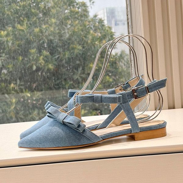 Sping Summer Fabric Blue Mary Jane Chaussures pour les femmes pointues talons carrés cloutés Designer Sandalias