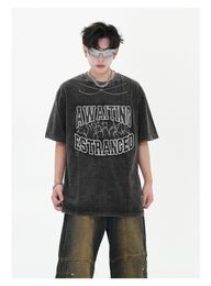 Spring Summer High Street Trendy Wash Vintage Foam Letter Korte mouw Chain Rope T-shirt Losse stijl