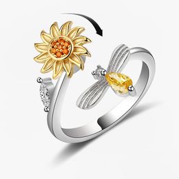 Anneau d'anxiété d'abeille de tournesol tournant pour les femmes rotatif réglable anti-stress inhabituel Spinner Fidget anneaux bijoux de mode