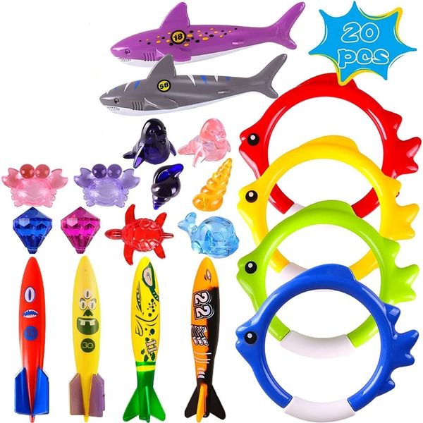 Toupie 20 pièces piscine d'été jouets de natation anneaux de requin animaux marins pour enfants filles jeux de natation amusants ensemble de coulage cadeaux de plongée sous-marine 230914