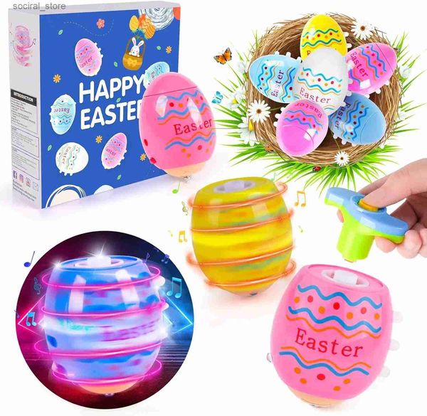 Top de rotation de Pâques en rotation pour les enfants et les garçons et les filles 6 packs avec des lumières LED clignotantes tournonnent et chantent des jouets de Pâques colorés en plastique L240402