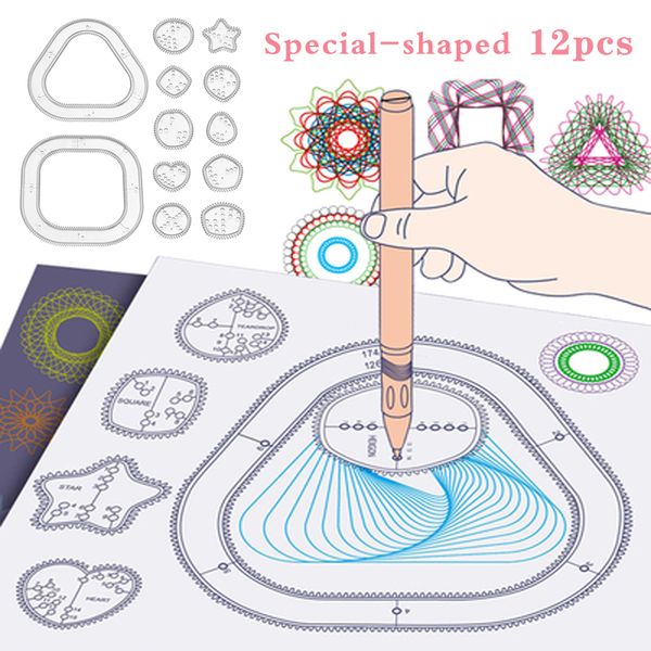 Juguetes de dibujo en espiral conjunto 12ppcs de forma especial, de forma especial, engranajes entrelazados, plantilla de pintura de ruedas, juguete educativo para niños