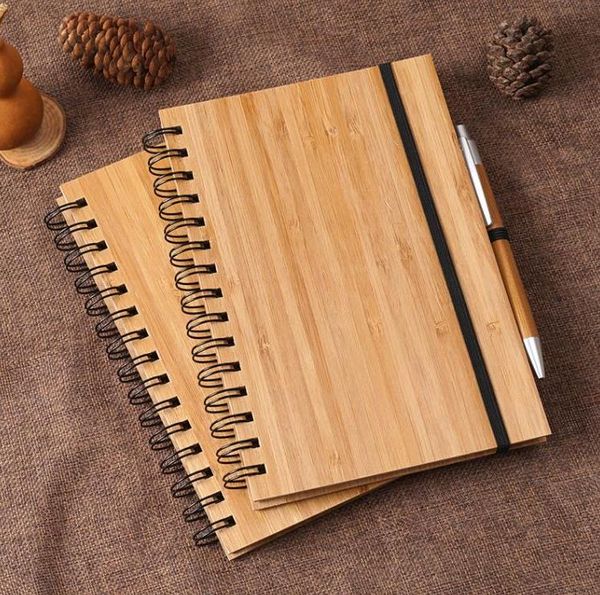 Cahier à spirale couverture en bambou en bois avec stylo étudiant bloc-notes environnementaux fournitures scolaires en gros SN556