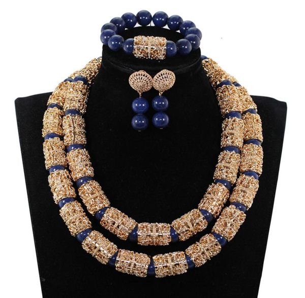 Splendide marine bleu nigérian des femmes perlées de bijoux de costumes de bijoux Dubai Gold Chunky State Collier Set 2019 WE240 CJ1911282241140
