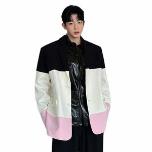 Empalme Color Traje Abrigo Coreano Fi Flojo Casual Vintage Streetwear Tendencia Rendimiento Pequeño Traje Abrigo Para Hombre Blazer Chaqueta U2r5 #