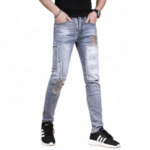 Splice Jeans Hommes Broderie Jeans déchirés Fi Marque Élastique Slim Fit Pieds 2022 Nouvel Été Pantalon Mince Jeans hommes P3kT #