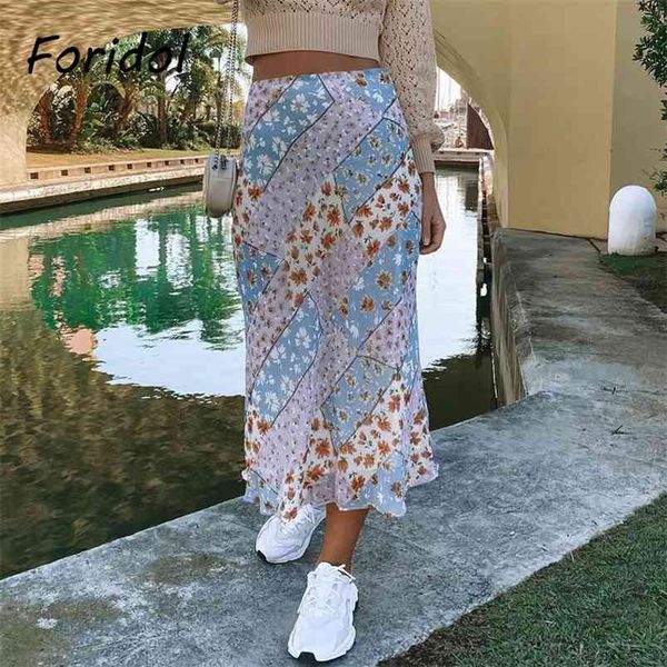 Jupe longue à imprimé floral épissé pour femmes taille haute en mousseline de soie violette Maxi A-ligne Summer Boho Beach S Bottoms Falda 210427
