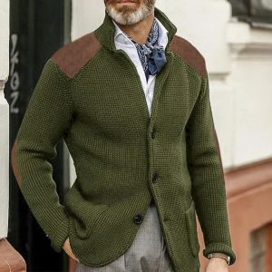 Pull de cardigan à manches épissé Men de cardigan à pignon à revers à pignon à poitrine à poitrine mono-tricot avec une couleur patchwork pour l'hiver