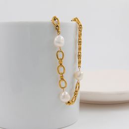Collier de chaîne d'épissage pour femme, simple, mode, chaîne de clavicule en acier inoxydable, personnalité européenne et américaine, chaîne épaisse de perles d'eau douce baroques