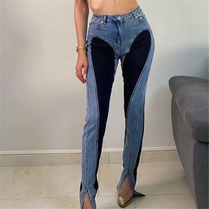 Pantalon en Denim d'épissage pour femmes, pantalon taille haute, marque de créateurs, pantalon Long Slim