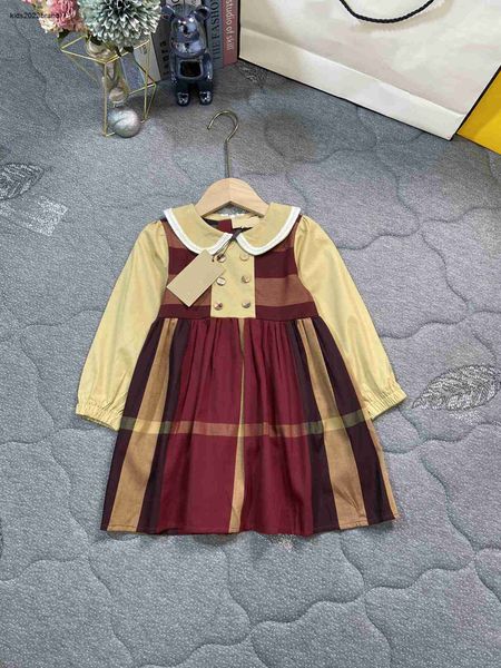 Vestido de diseño de empalme para niña, tela a cuadros de algodón puro, vestido para niños, tamaño 90-140 CM, diseño de camisa Polo de diseñador, falda para niños Oct10