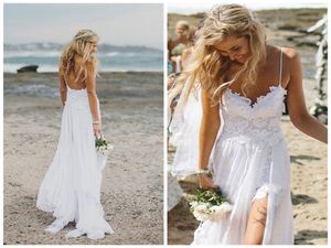 Robes de soirée fendues Robe de mariée de plage fantaisie Spaghetti Dos nu Robe de mariée en dentelle ivoire blanche Robe de mariée en dentelle ivoire blanche Eveni207I