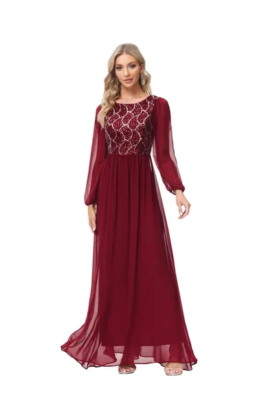 Vestidos para ocasiones especiales Línea A, horquilla dividida, empalme de lentejuelas, cuello redondo, espalda en V, manga larga, vestido de noche de fiesta de gasa TW00042