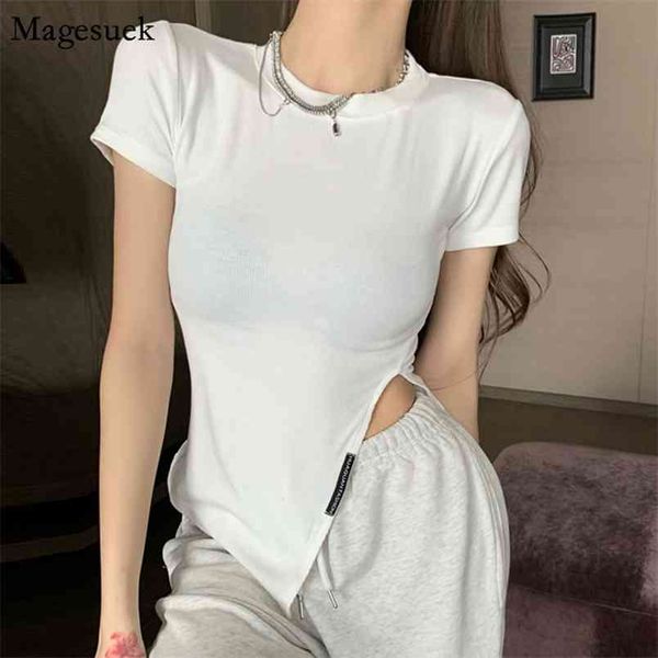 T-shirt de coton d'été irrégulier fendu avec manches courtes col rond femme solide t-shirts hauts t-shirts blancs décontractés chemises 13842 210512