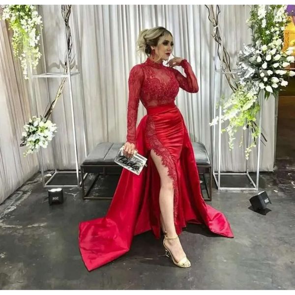 Vestidos de fiesta sexys de la vaina dividida con la falda desmontable apliques de encaje mangas vestidos de fiesta de cumpleaños rojo oscuro cuello alto largo fit dama