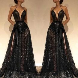 Robes de bal sexy noires fendues sur le côté, col licou, ligne A, dentelle complète, paillettes, dos nu, robes de soirée de styliste, BC0229