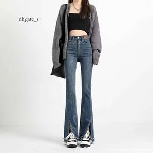 Denim légèrement fendu pour femme au printemps 2024, nouvelle coupe slim taille haute et pantalon évasé à volants