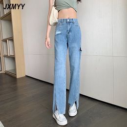 Split petite jambe droite déchiré jeans femmes mode d'été nouveau lâche taille haute mince vadrouille pantalon JXMYY 210412