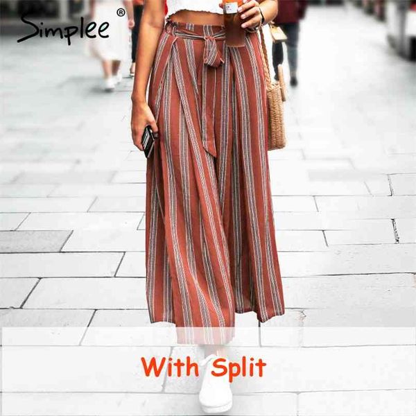 Split Striped Lady Wide Leg Pant Summer Beach High Taist Pantmènes Chic Streetwear Sash Casual S Femme 210915